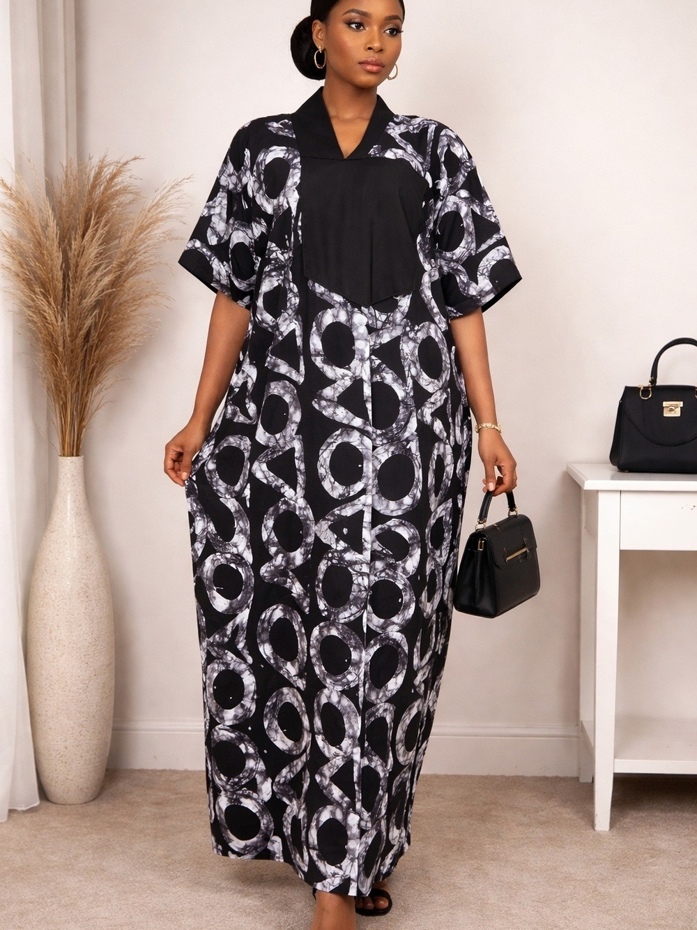 Black & White Geometric Maxi Dress - Women's Elegant Caftan